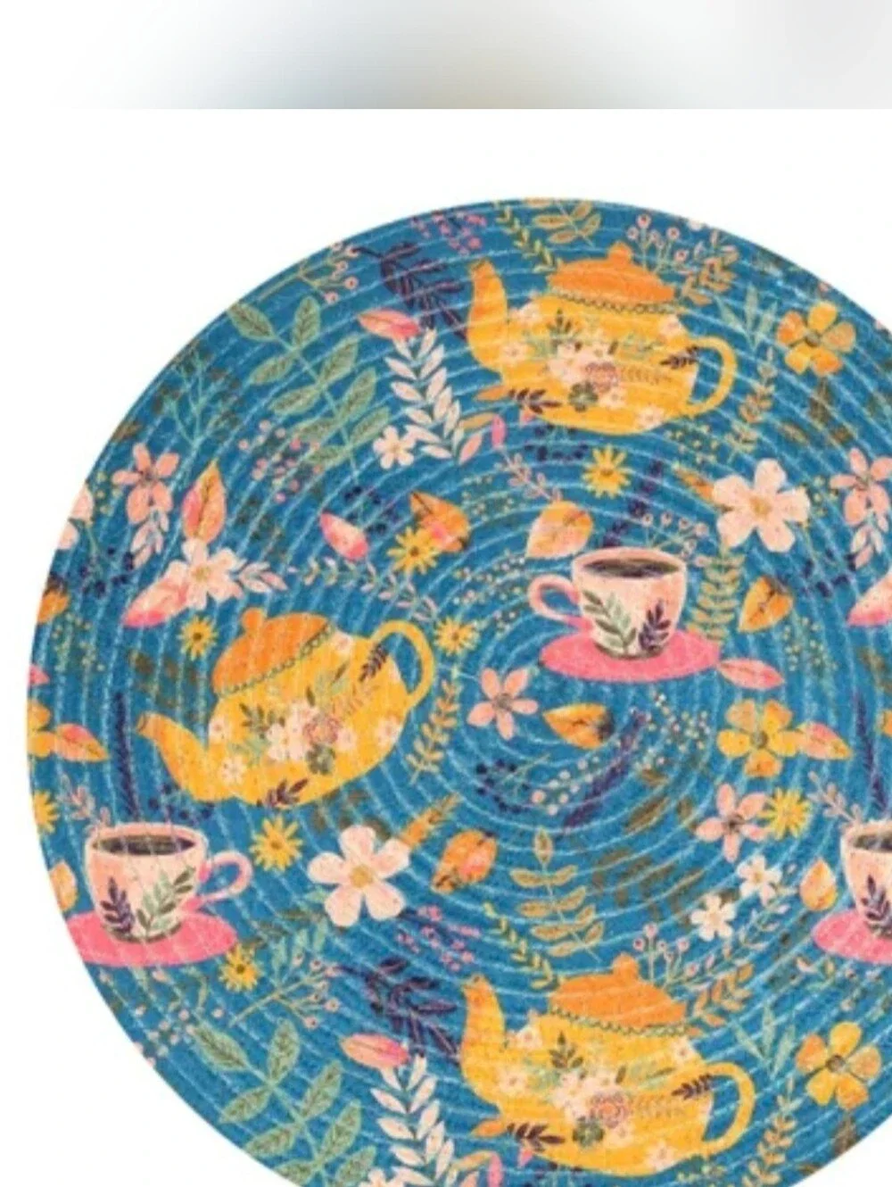 (Set of 4) Colorful Round Placemats Jute Made In India Teapot & Teacup Floral